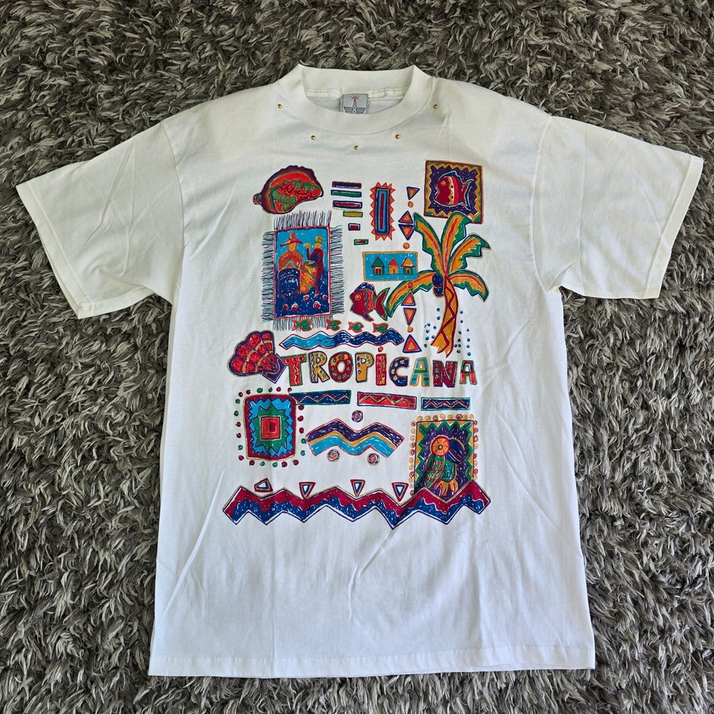 Vintage 90s KWBL Los Angeles Tropicana Graphic T Shirt White Studded One Size